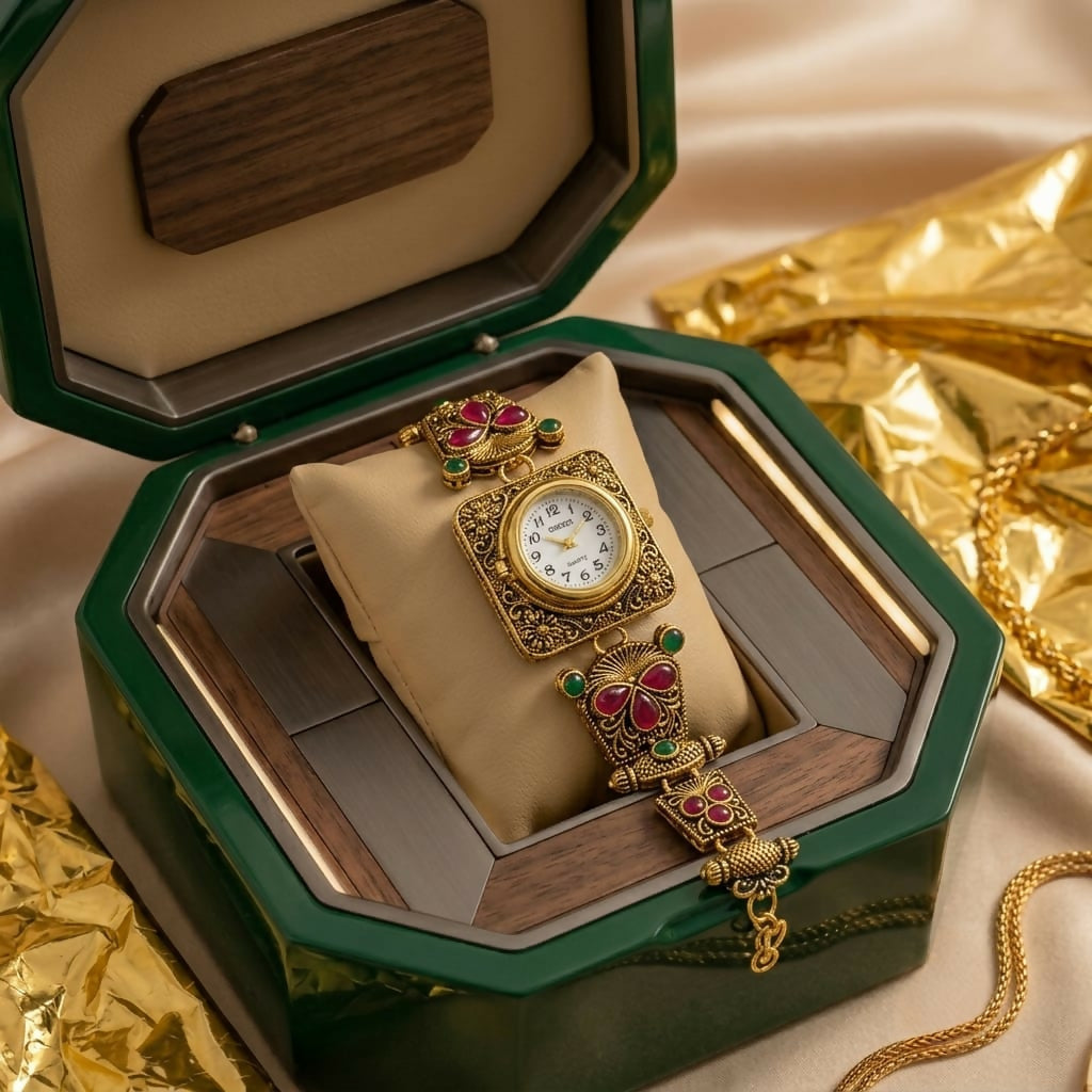 Rajwadi Antique Gold Plated Designer Bracelet Watch for Women