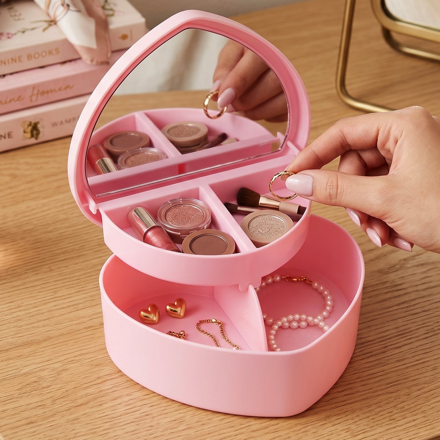 Makeup Storage Box with Mirror Compact & Multi-Compartment Design - Front View