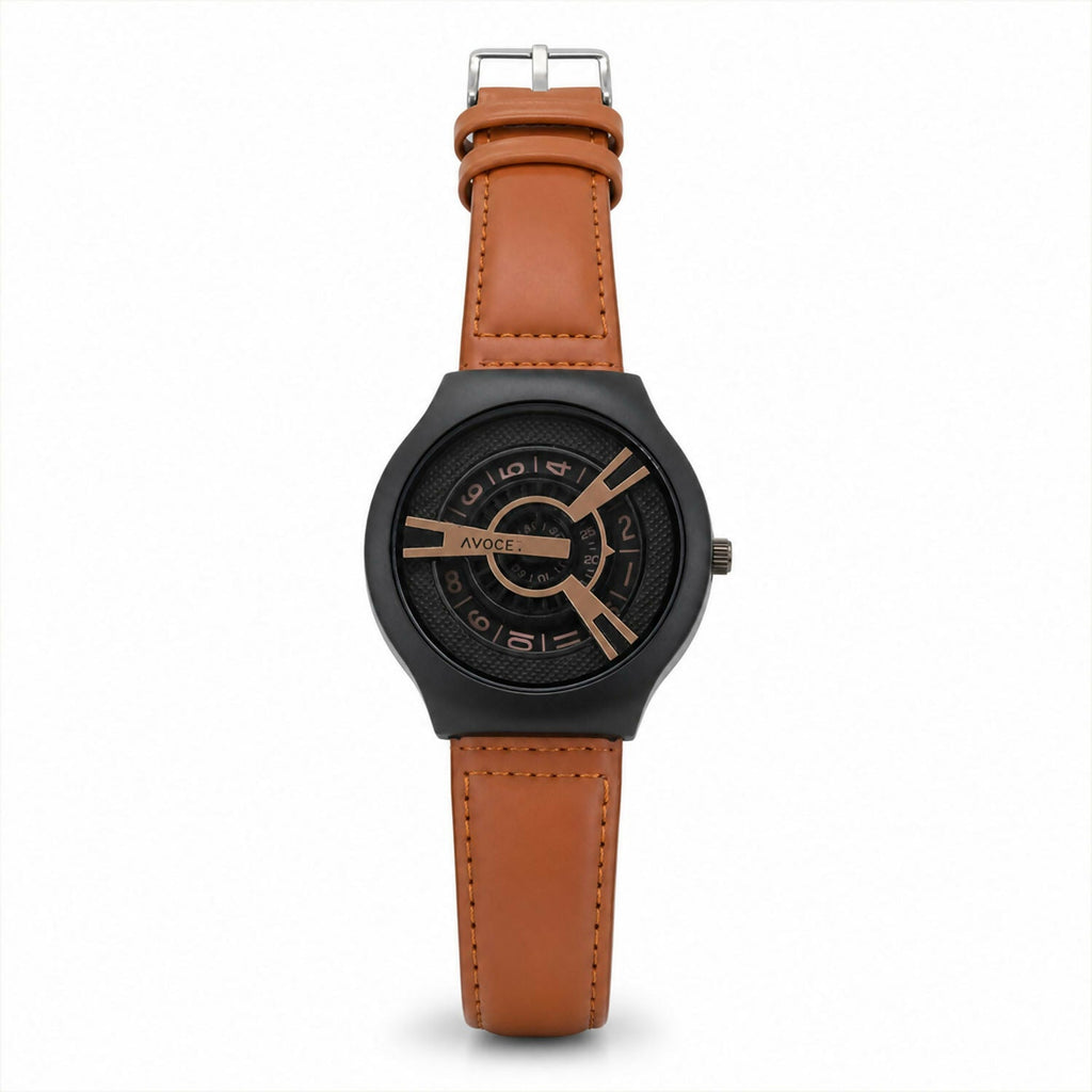 Black Round Dial Watch – Elegant Design with Tan Leather Strap