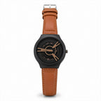 Black Round Dial Watch – Elegant Design with Tan Leather Strap