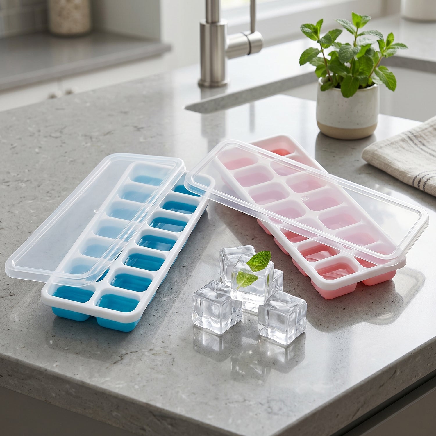 Plastic Ice Cube Tray with Lid Hygienic & Easy Release, Pack of 2 - Front View