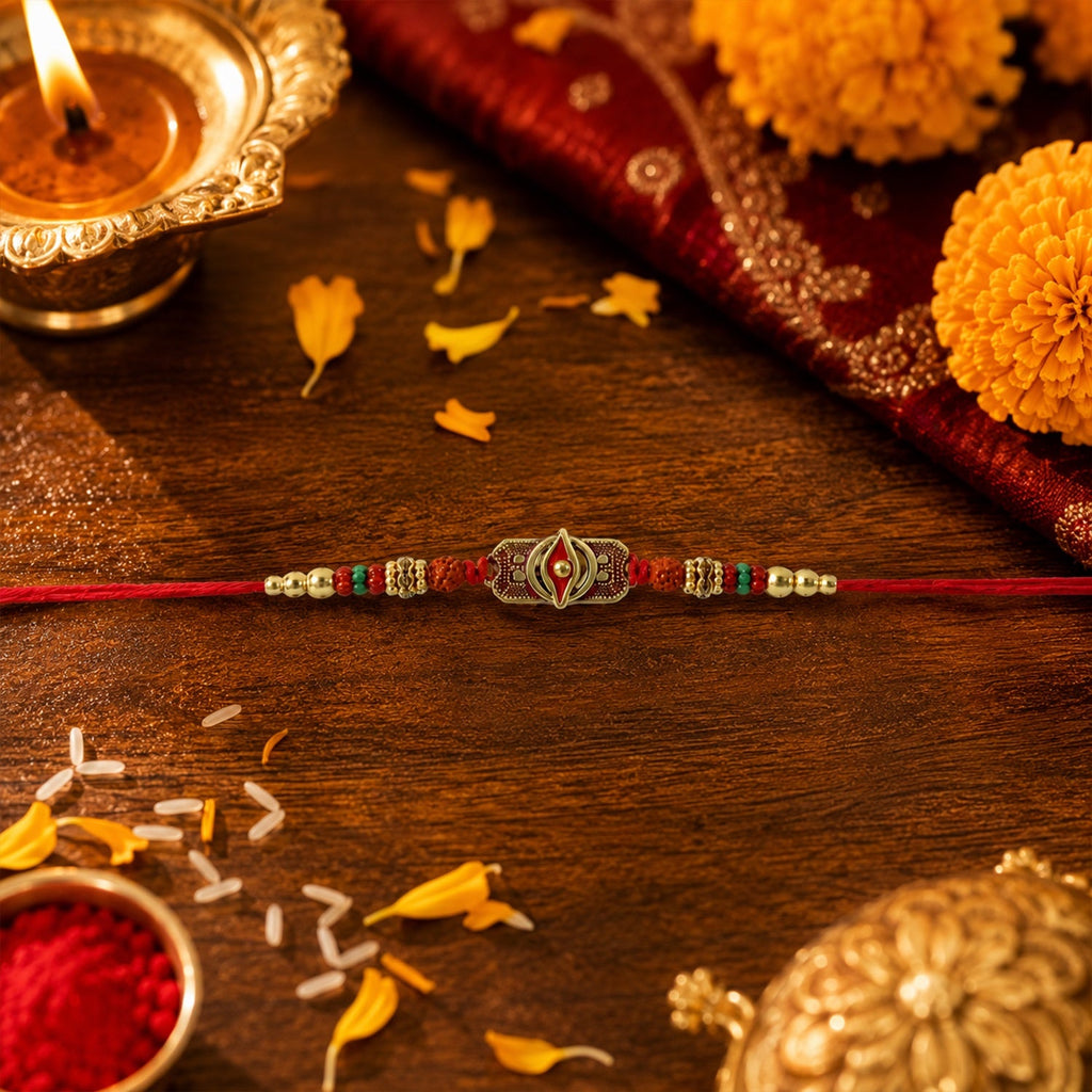 ALVENZA Rudraksha Rakhi – Antique Oxidized Design for Brother