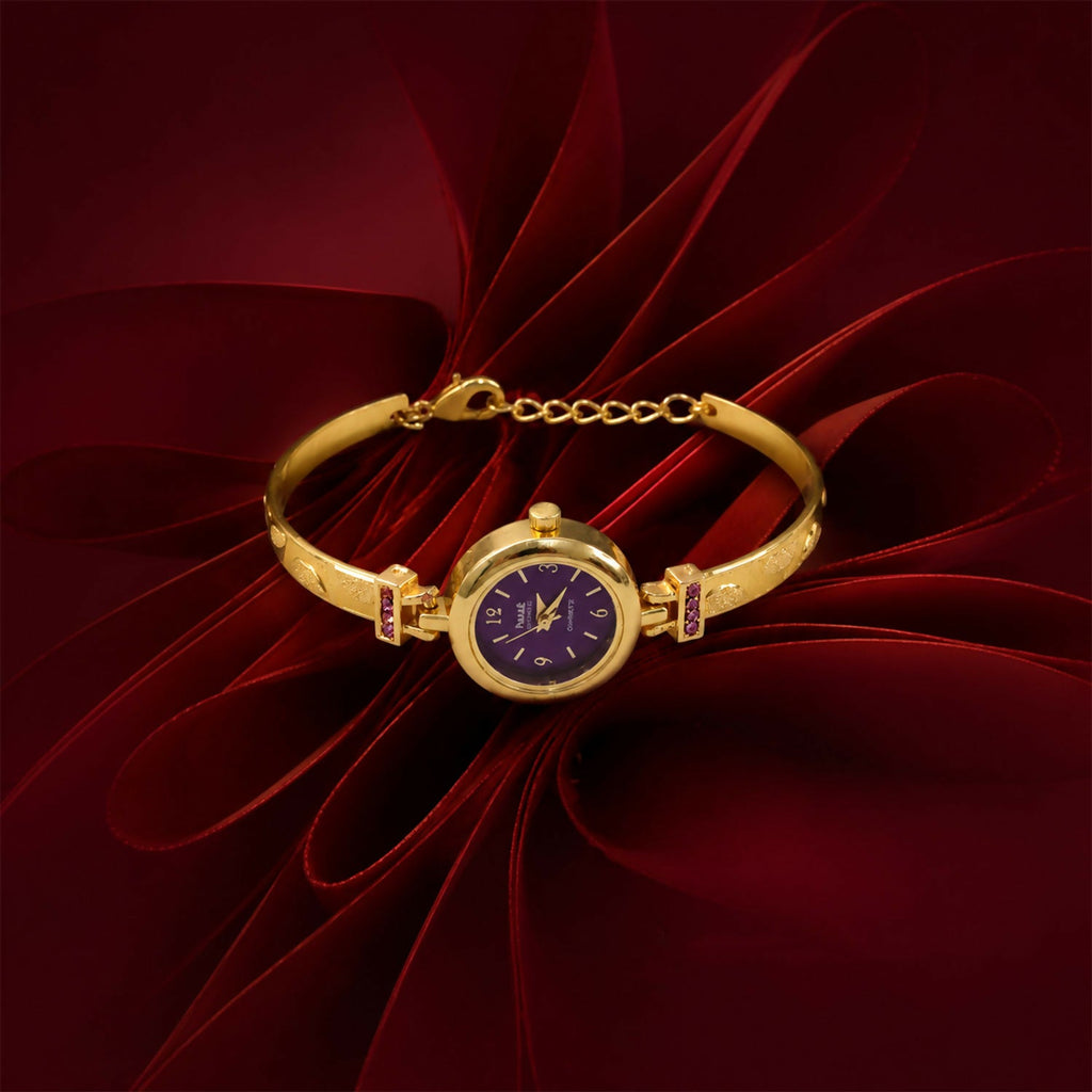Gold Plated Purple Dial Bracelet Watch With Elegant Design For Women And Girls