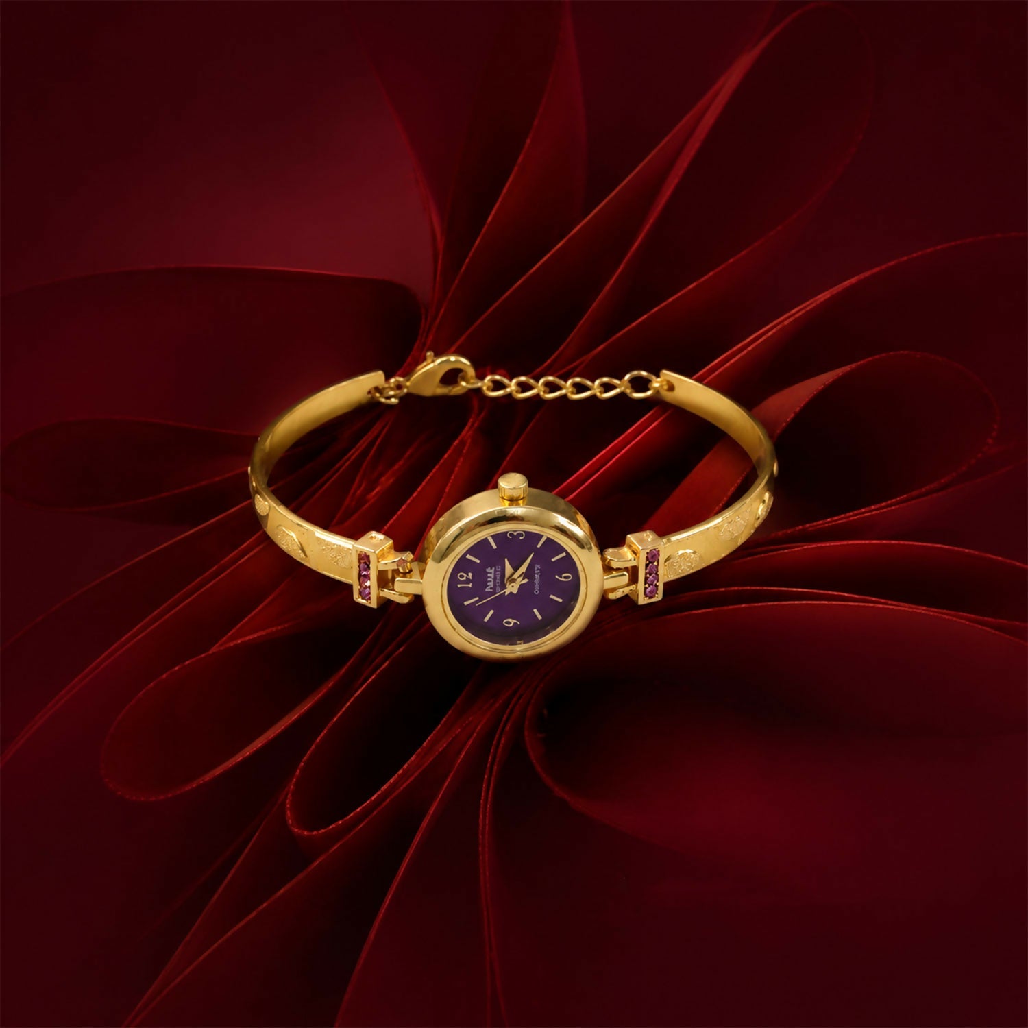 Gold Plated Purple Dial Bracelet Watch With Elegant Design For Women And Girls