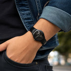 Black Luxury Watch – Elegant Rose-Gold Dial & Leather Strap