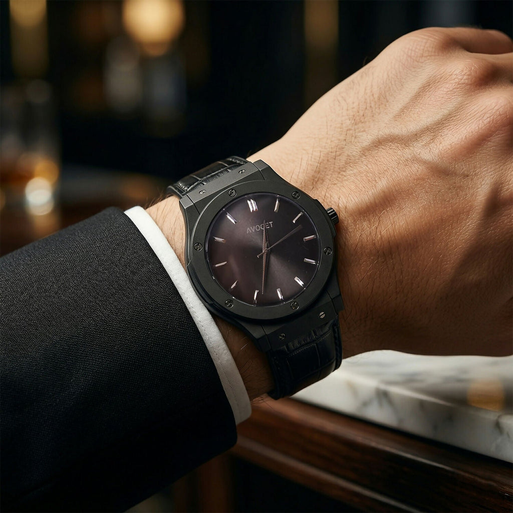 Black Analog Wrist Watch – Elegant Leather Strap & Minimalist Dial