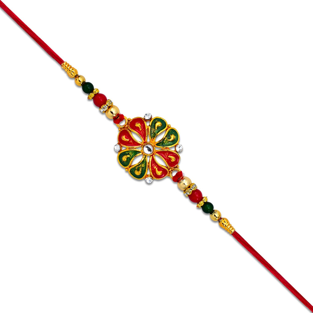 ALVENZA Flower Rakhi for Brother - Enamel & Golden Beads Design