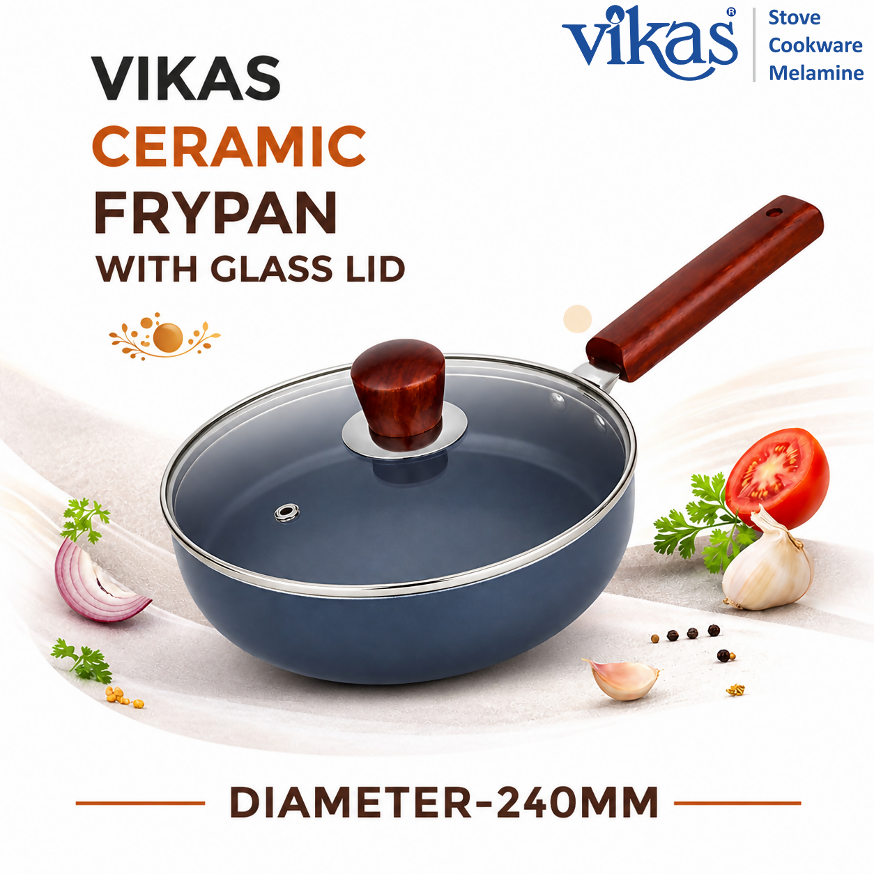 ALVENZA Ceramic Frypan – Non-Stick Coating with Glass Lid & Wooden Handle