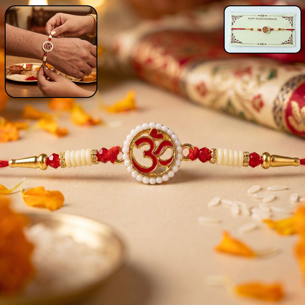 ALVENZA OM Symbol Pearl Frame Rakhi – Elegant Traditional Design for Raksha Bandhan