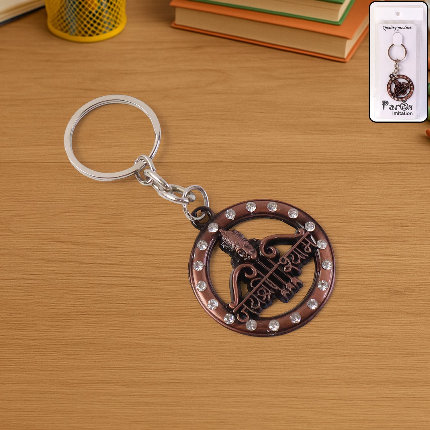 ALVENZA Jai Shree Shyam Keychain – Durable Metal with Crystal Accent