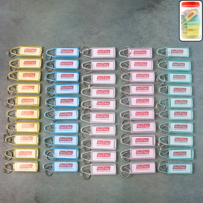 ALVENZA Key Tag Jar – 50 Assorted Colour Keychains with Writeable Labels