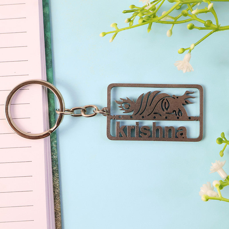 ALVENZA Krishna Cutout Metal Keychain – Durable Rectangular Design