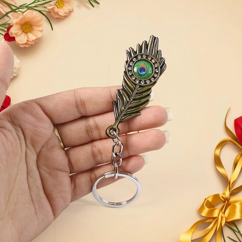 ALVENZA Mor Pankh Peacock Feather Keychain – Elegant Crystal Accent