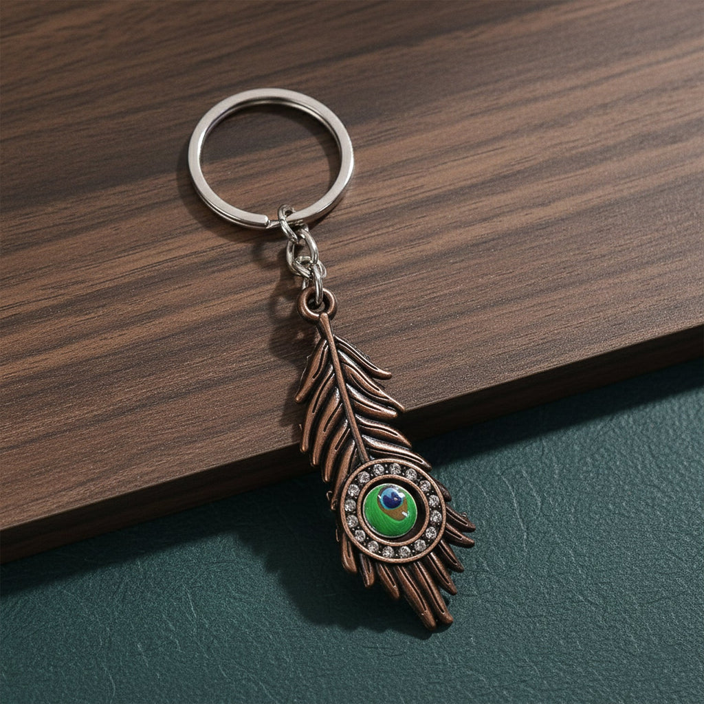 ALVENZA Mor Pankh Peacock Feather Keychain – Elegant Crystal Accent