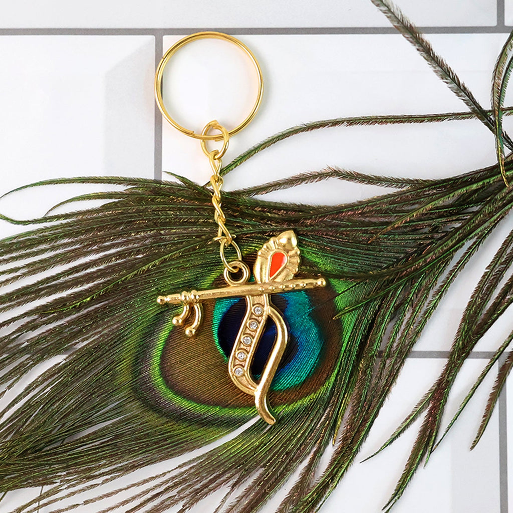 ALVENZA Krishna Metal Keychain – Durable Flute & Peacock Feather Design