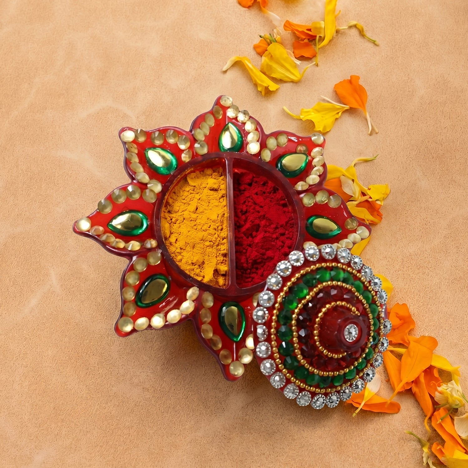 Decorative Kumkum Dani Handcrafted with Stone Work Lid - Detail View 7