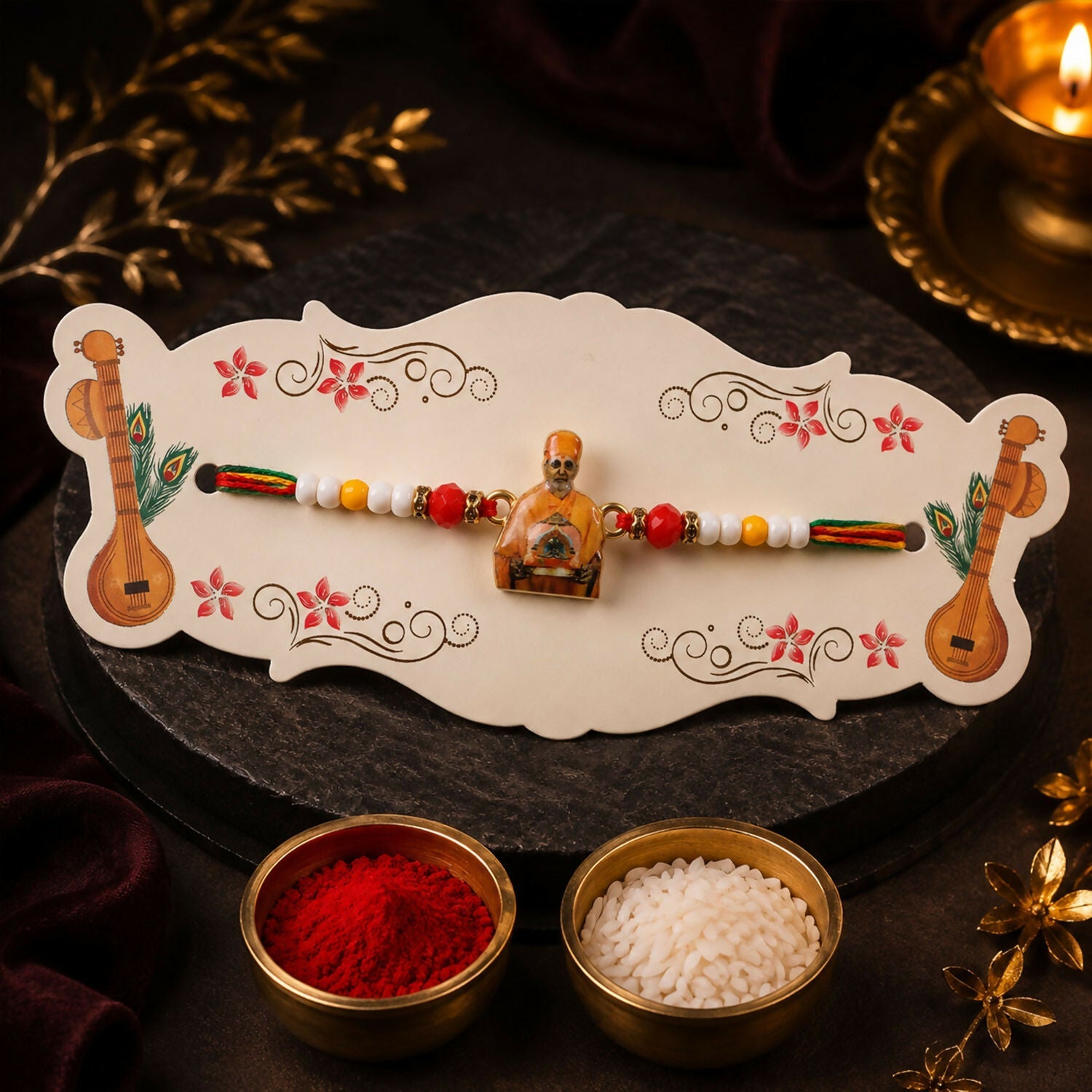 ALVENZA Spiritual Pramukh Swami Maharaj Devotional Rakhi for Brother, Beaded Thread Gift