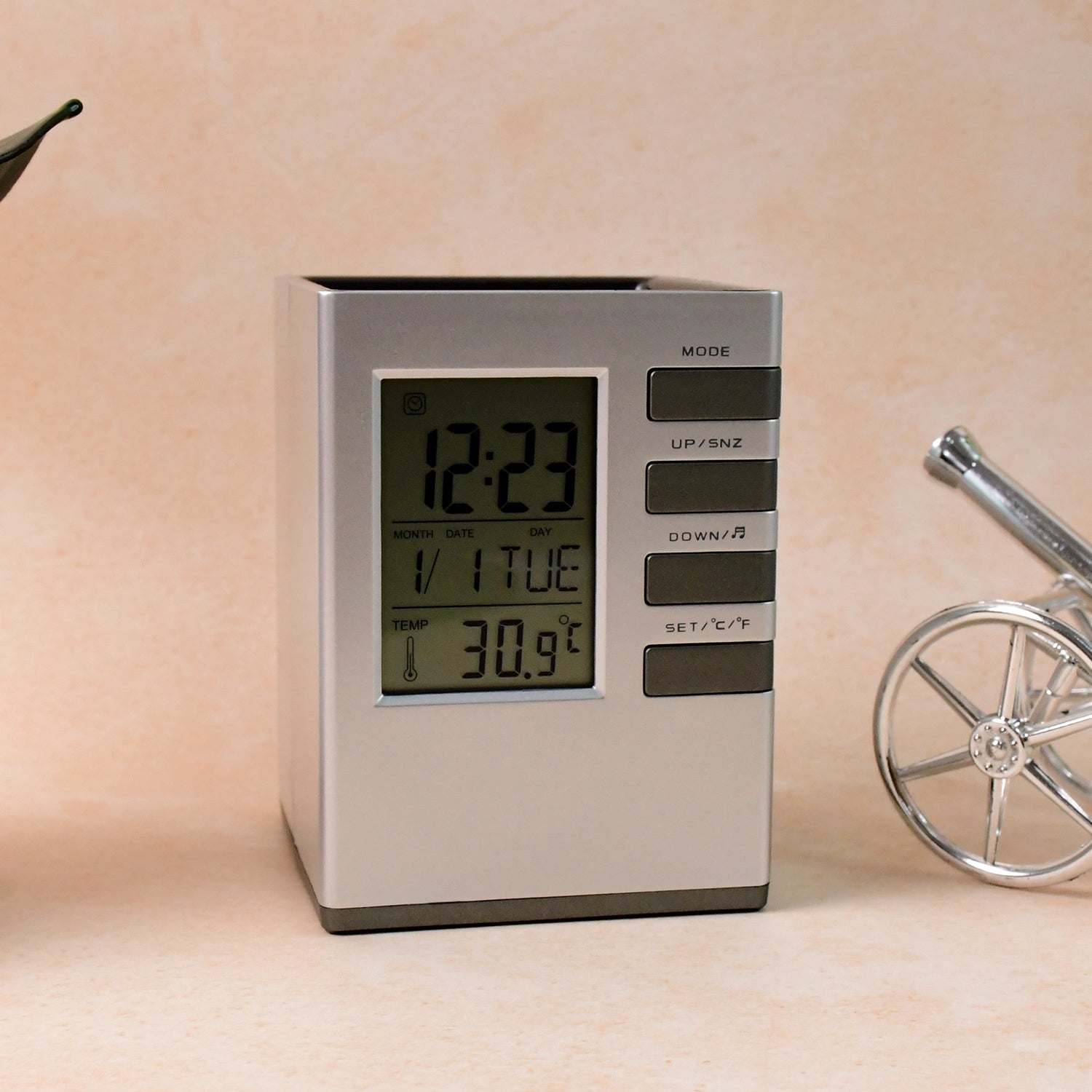 ALVENZA Digital Desk Clock – Multifunction with Pen Holder & Temp Display