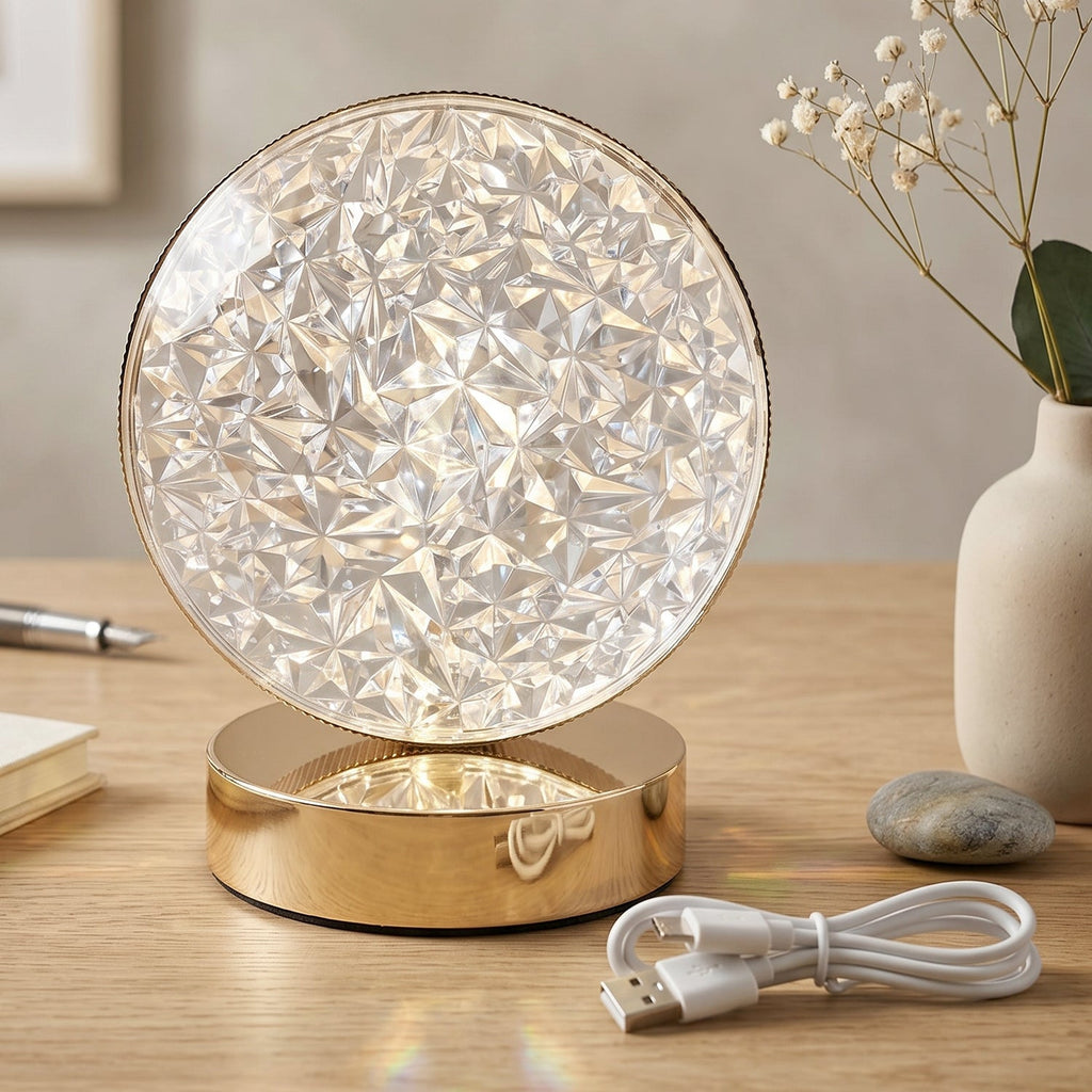 Round Crystal LED Table Lamp Dimmable Touch & USB Rechargeable - Back View