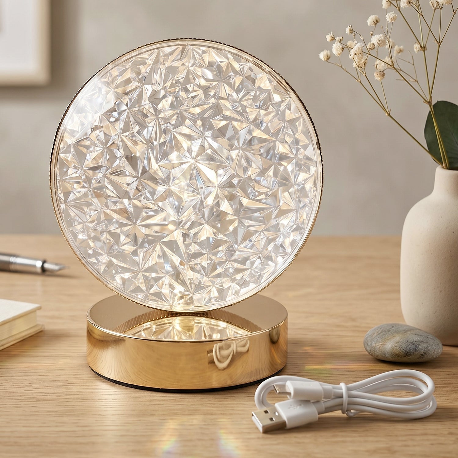 Round Crystal LED Table Lamp Dimmable Touch & USB Rechargeable - Back View