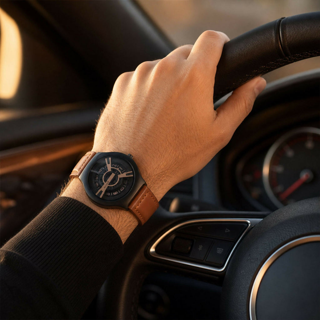 Black Round Dial Watch – Elegant Design with Tan Leather Strap