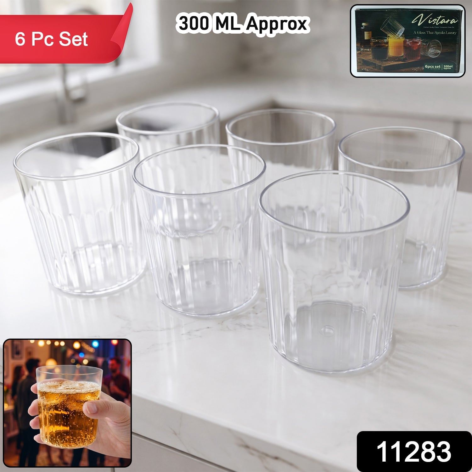 Glass Drinking Set Stylish & Durable 6-piece 300ml Glassware - Side View
