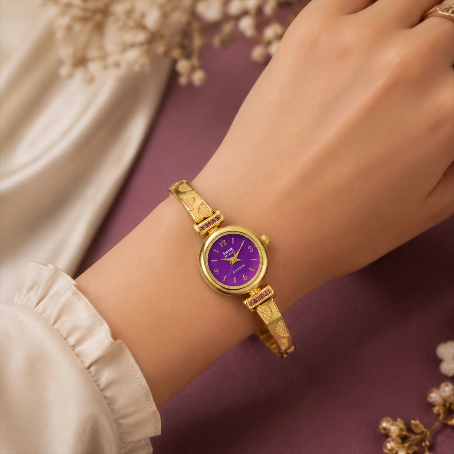 Gold Plated Purple Dial Bracelet Watch With Elegant Design For Women And Girls