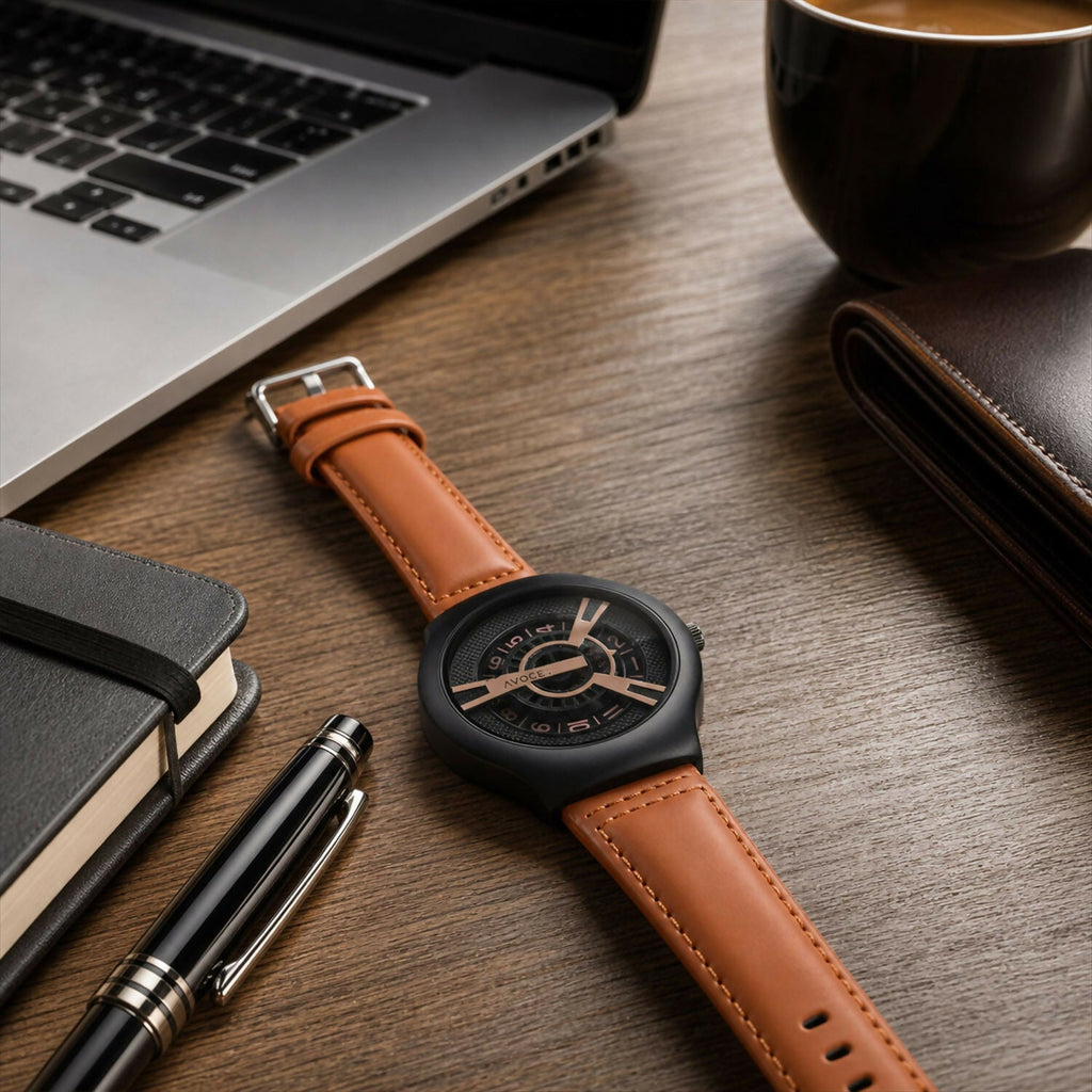 Black Round Dial Watch – Elegant Design with Tan Leather Strap