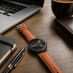 Black Round Dial Watch – Elegant Design with Tan Leather Strap