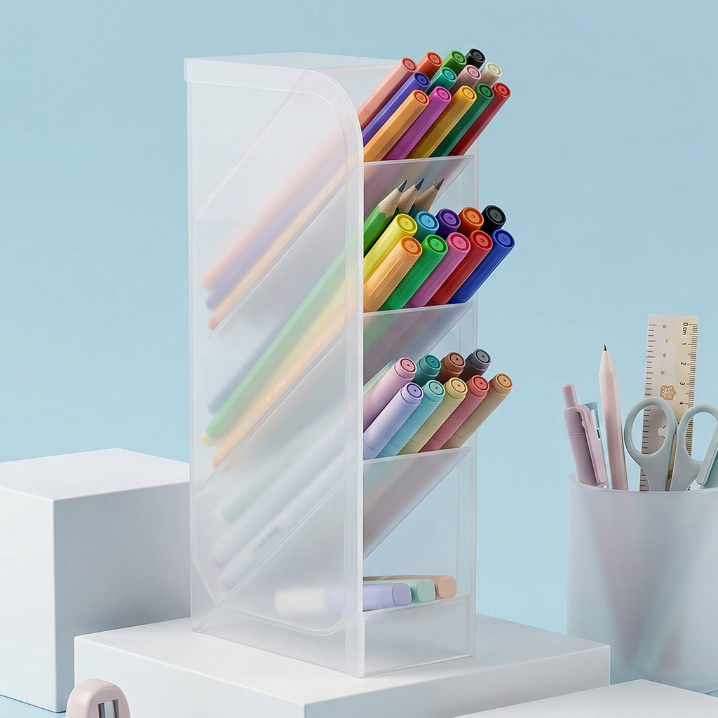 Desk Organizer 4 Compartments in Clear Plastic for Office Supplies - Back View