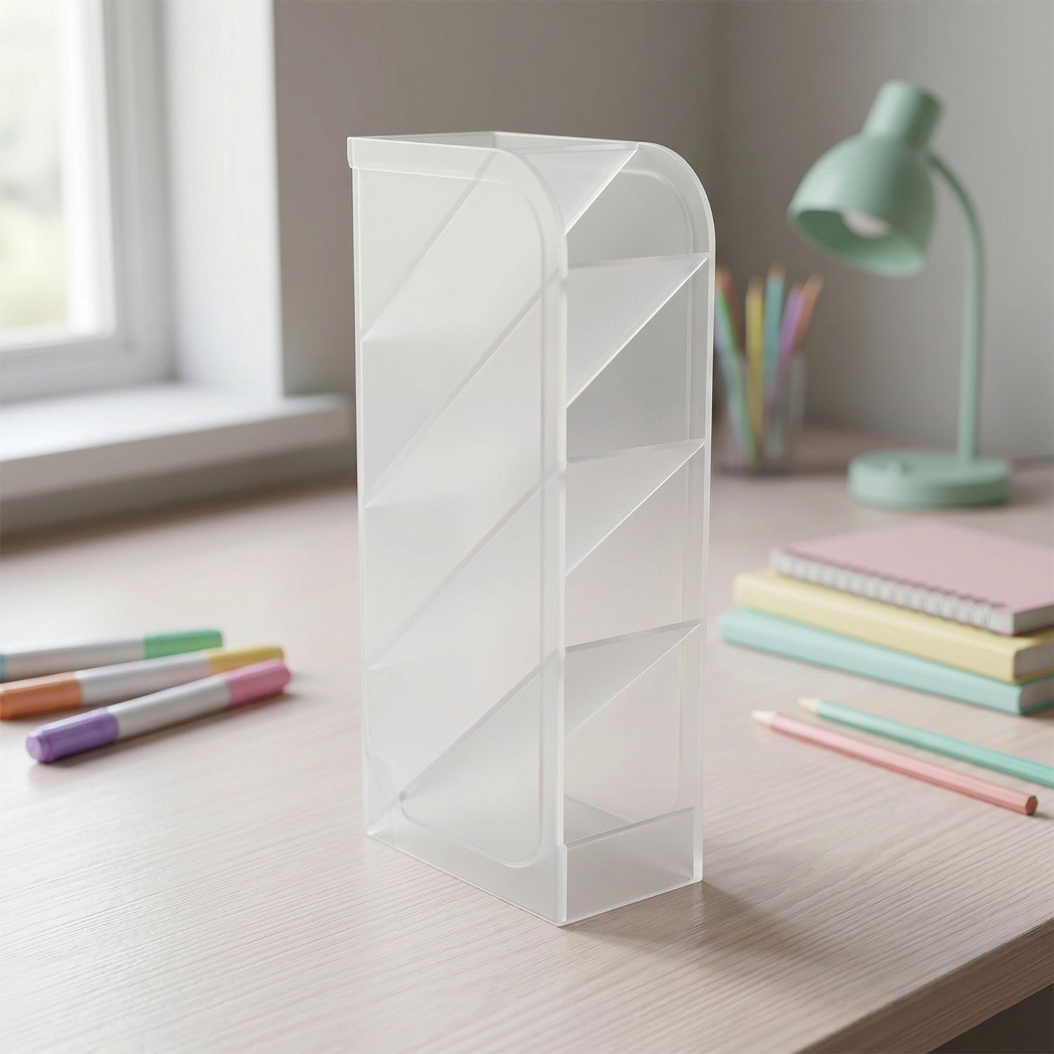 Desk Organizer 4 Compartments in Clear Plastic for Office Supplies - Front View