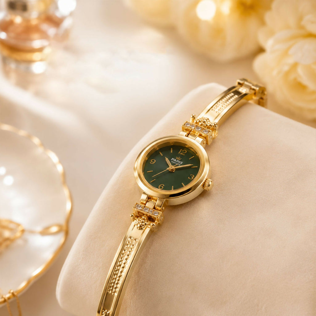 Gold Plated Bracelet Watch With Green Dial Crystal Accent Design For Women