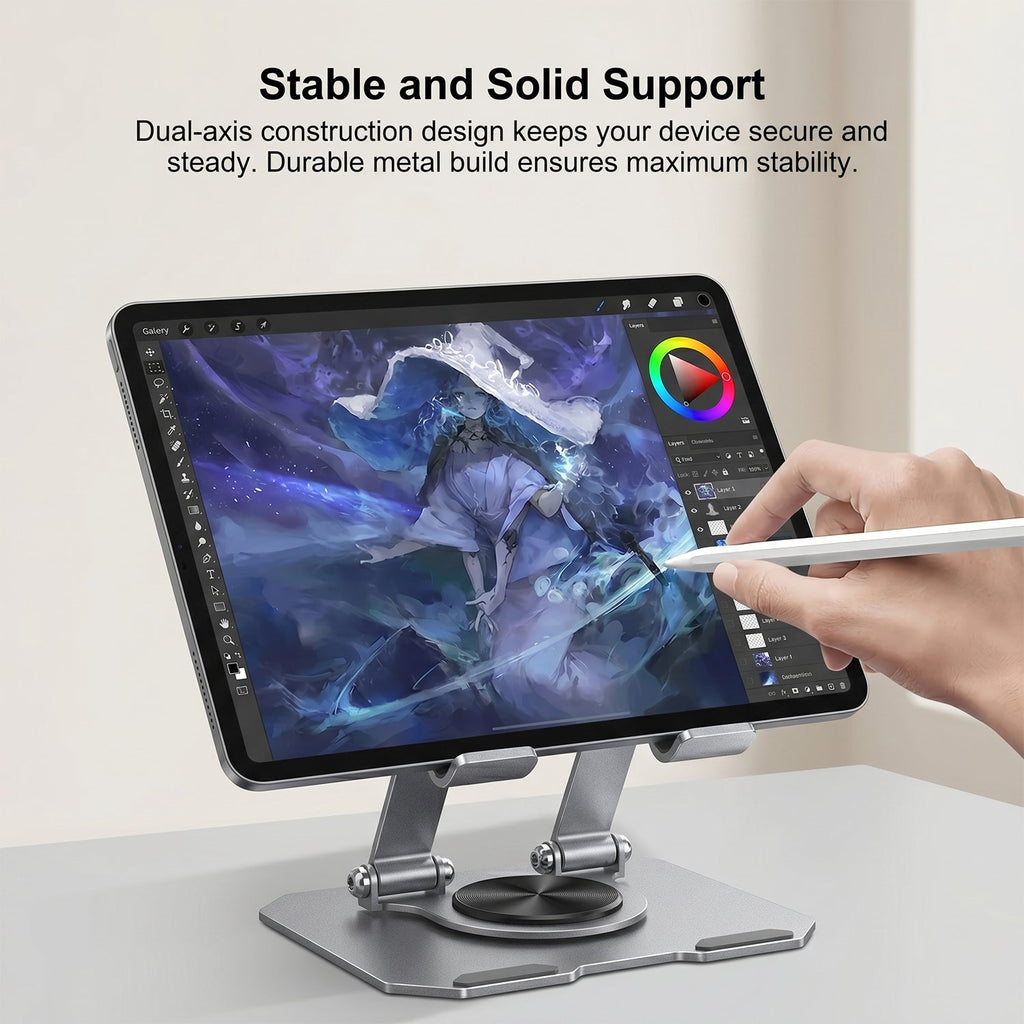 ALVENZA Foldable Metal Phone & Tablet Stand – Adjustable & Portable Desktop Support