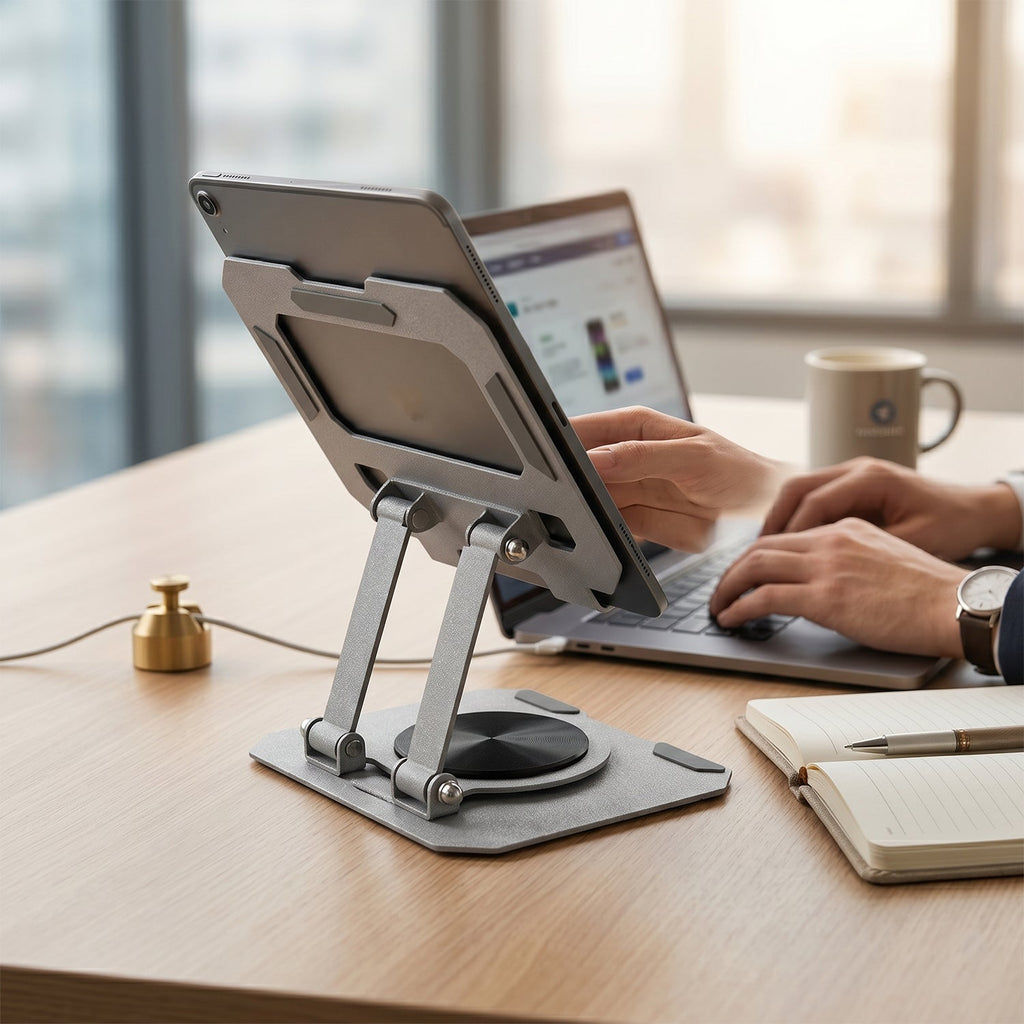 ALVENZA Foldable Metal Phone & Tablet Stand – Adjustable & Portable Desktop Support