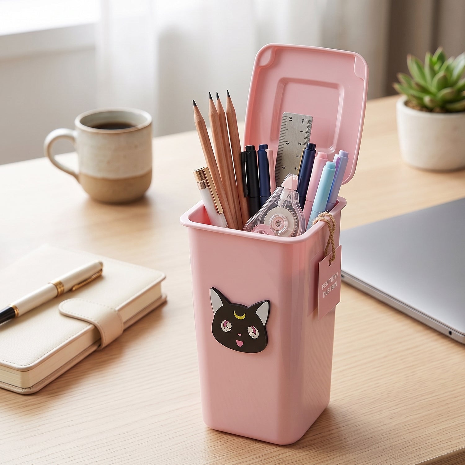 Mini Trash Can Pen Stand Cute Desk Organizer with Lid - Front View