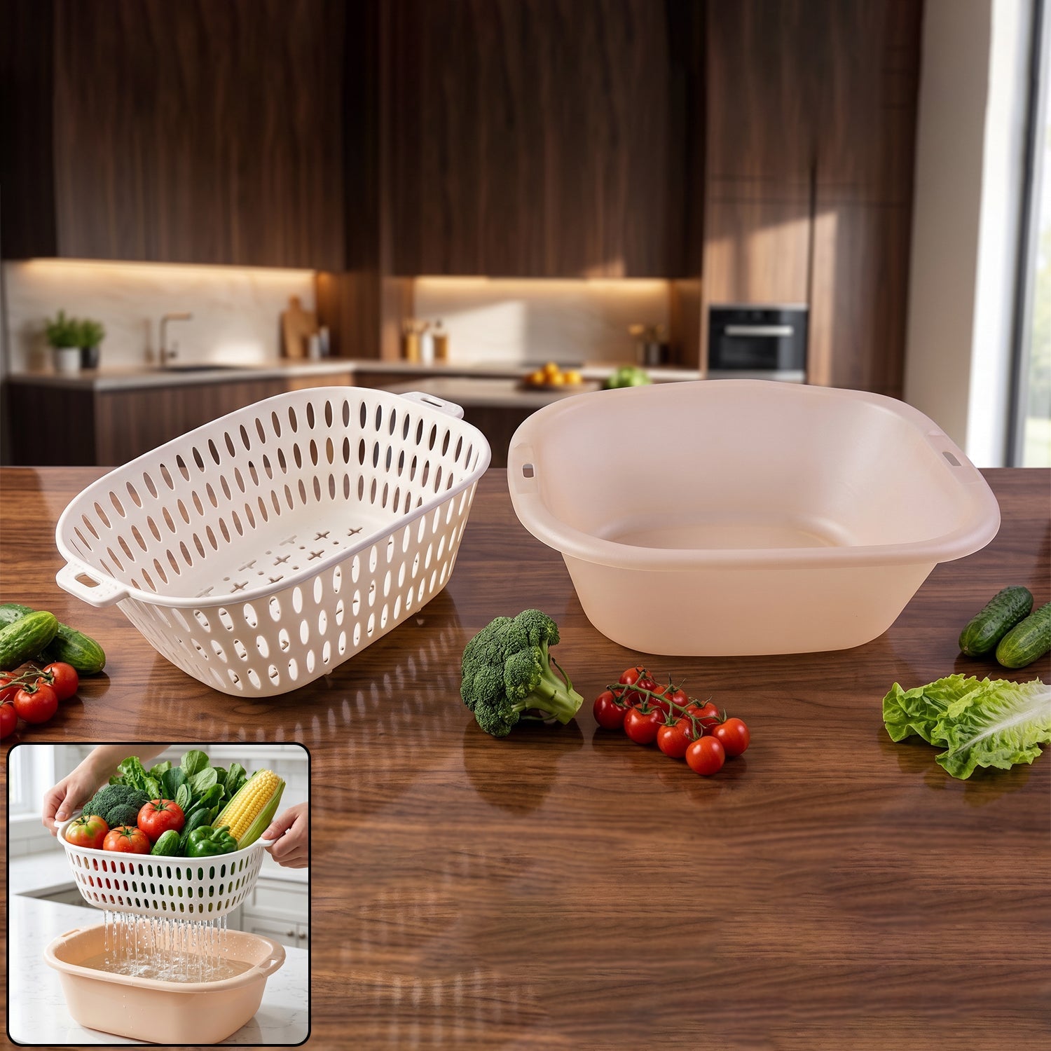 2 in 1 Plastic Double Drain Basket Multi-Purpose Kitchen Tool