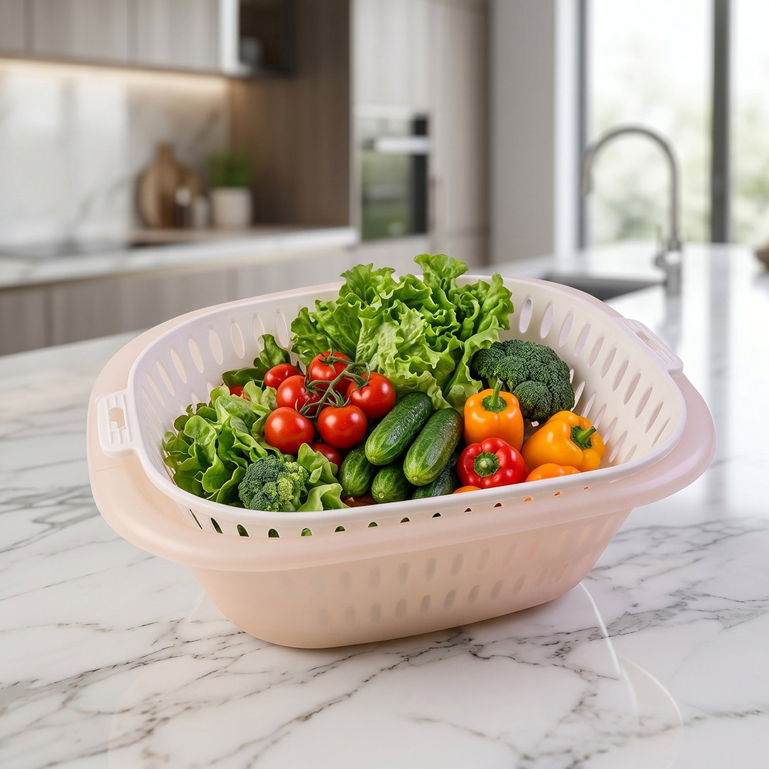2 in 1 Plastic Double Drain Basket Multi-Purpose Kitchen Tool - Front View