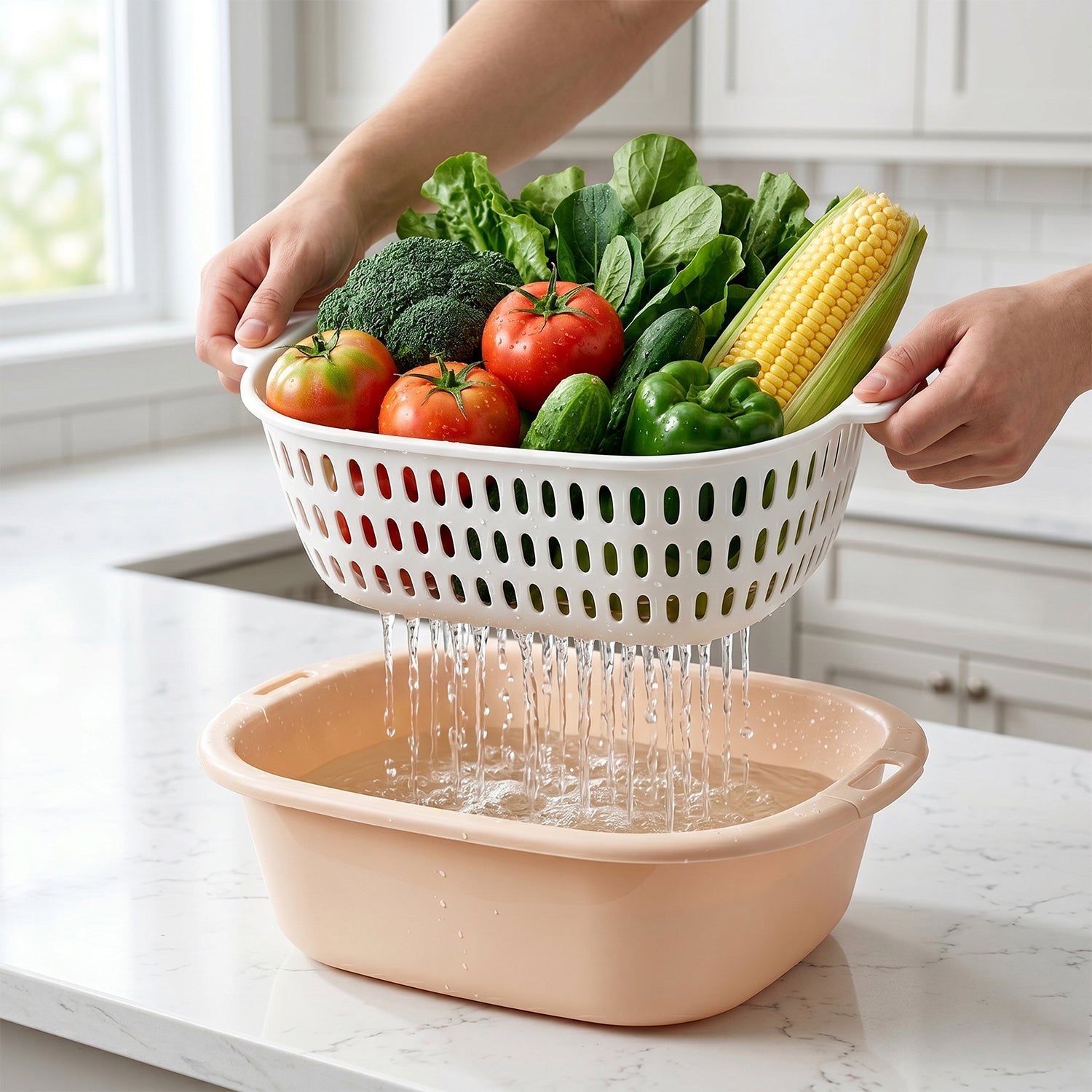 2 in 1 Plastic Double Drain Basket Multi-Purpose Kitchen Tool - Detail View 5