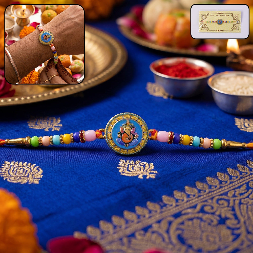 ALVENZA Shop Lord Ganesha Round Coin Designer Rakhi for Raksha Bandhan