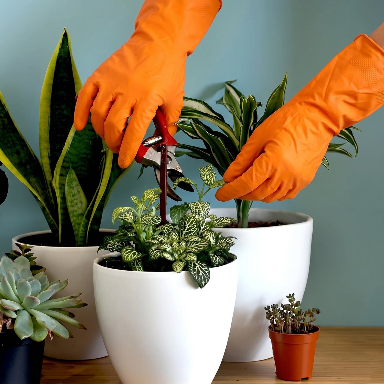 Large Orange Waterproof Rubber Gloves Reusable Kitchen Protectors - Front View