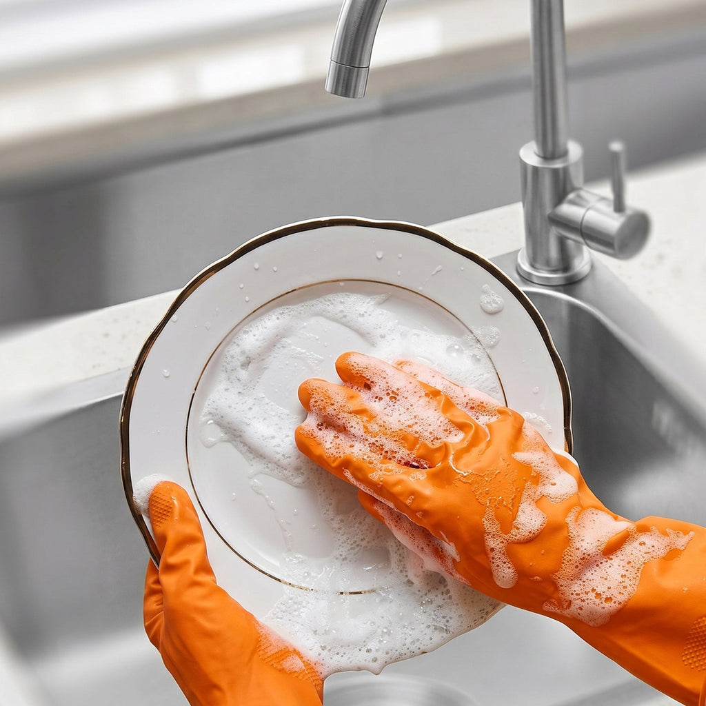 Large Orange Waterproof Rubber Gloves Reusable Kitchen Protectors - Back View