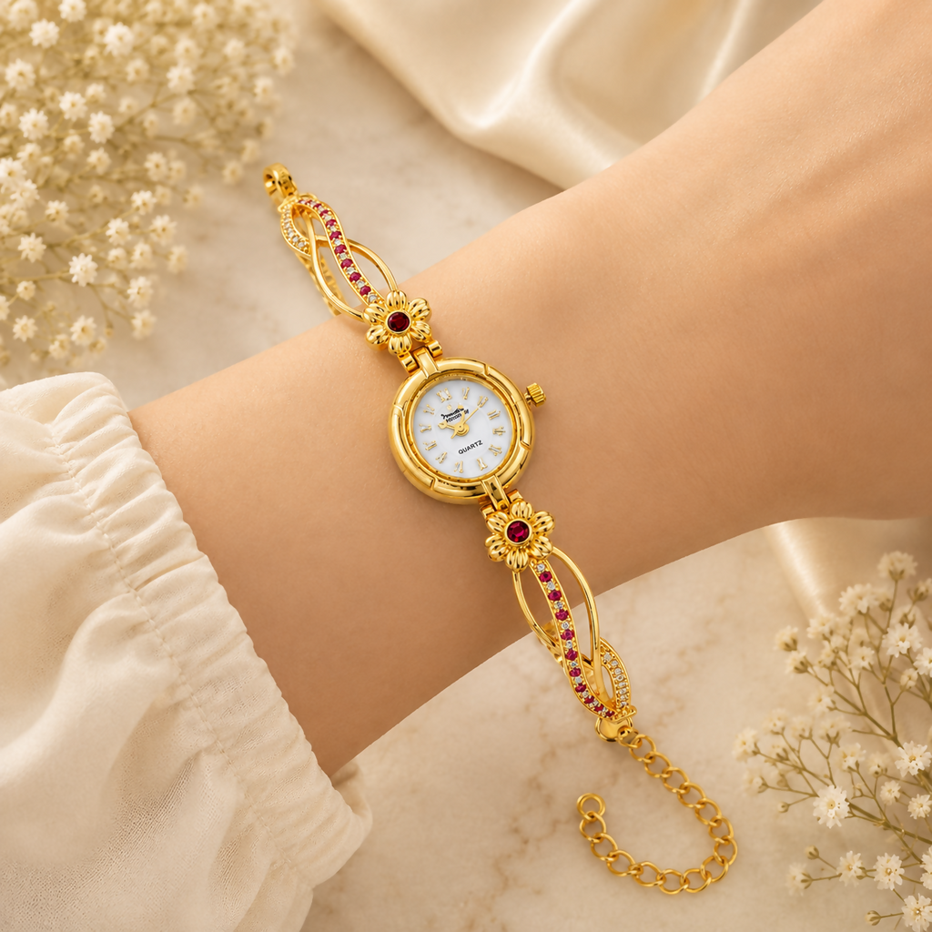 Royal Heritage Gold & Ruby Accent Bracelet Watch | Traditional & Partywear Jewelry Watch