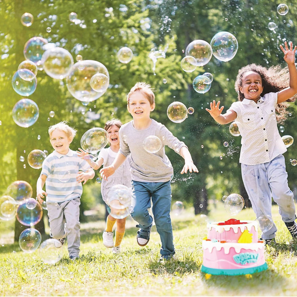 ALVENZA Kids Bubble Cake Toy – Automatic Bubble Maker with Lights & Music