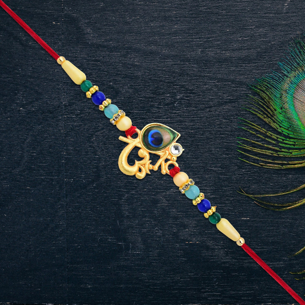 ALVENZA Peacock Feather Rakhi – Divine Multicolor Beads for Brother