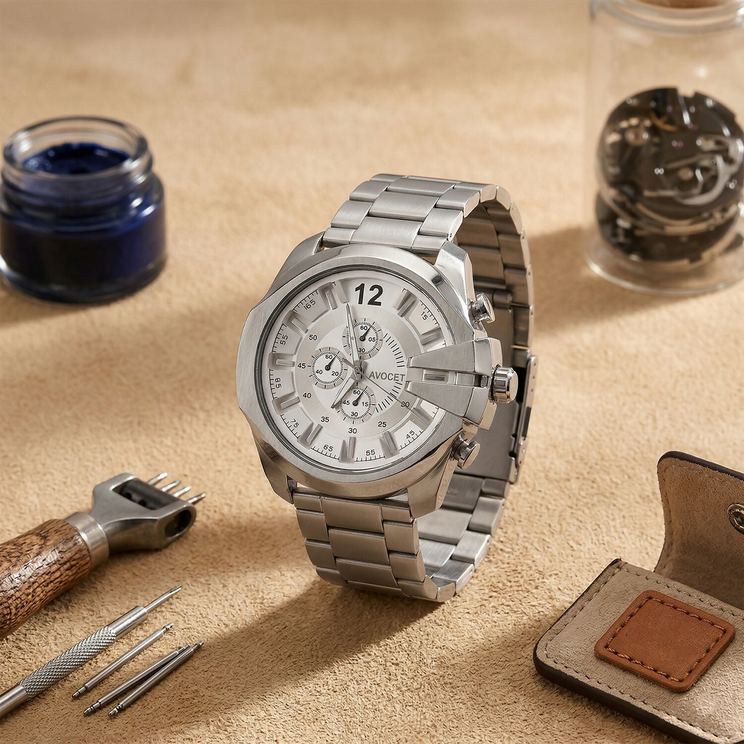 Men's Silver Analog Watch – Elegant Chronograph Design for Daily Wear