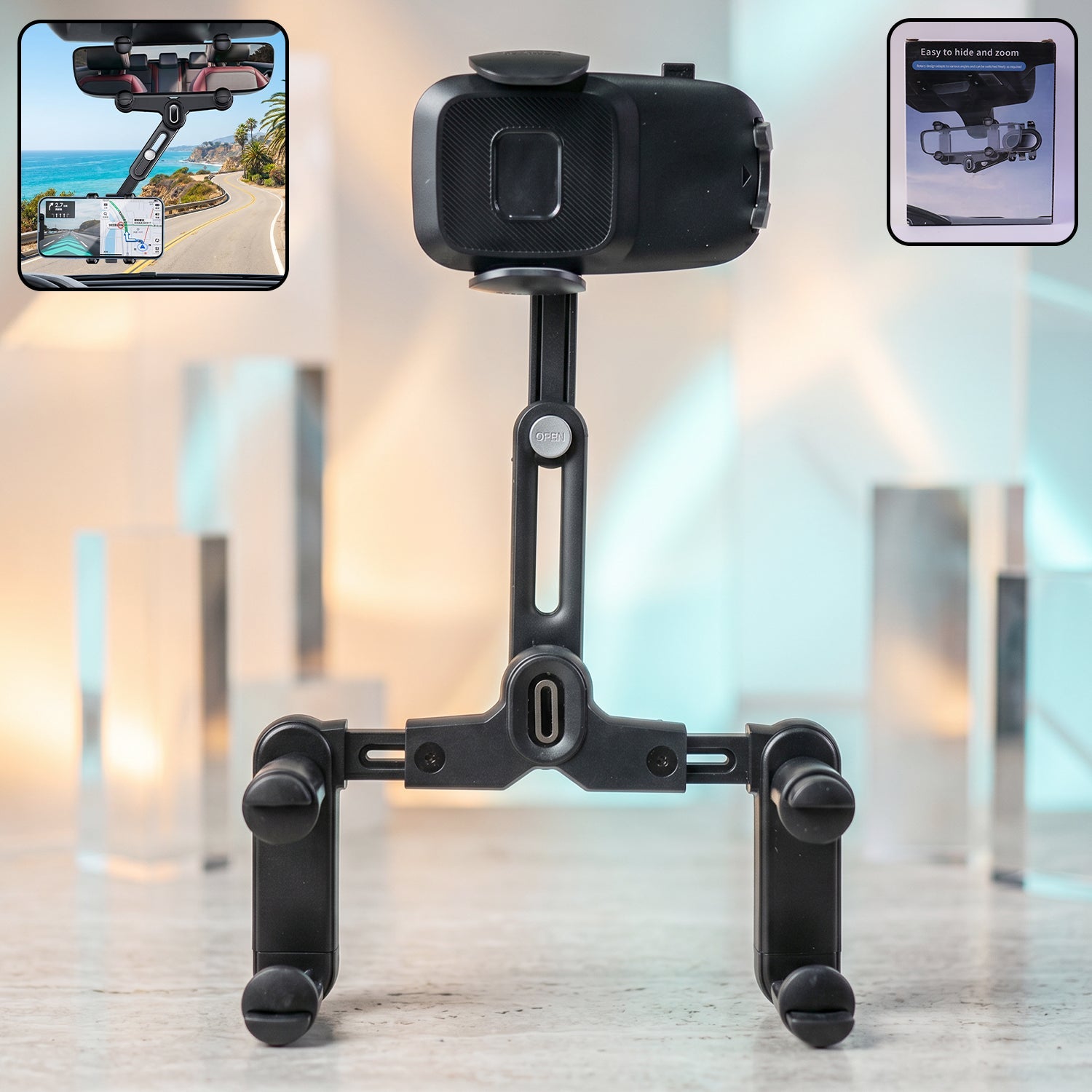 ALVENZA Car Rear View Mirror Phone Holder – 360° Adjustable & Retractable