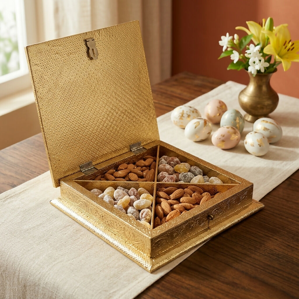 ALVENZA Antique Brass Peacock Dry Fruit Box – Elegant Dual-Tone Design