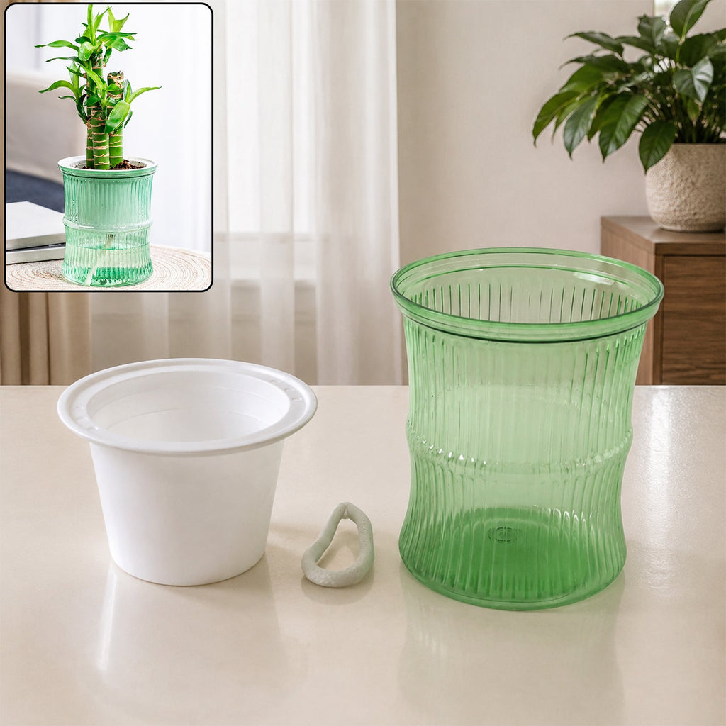 Self-Watering Bamboo Style Plastic Flower Pot Easy Indoor Plant Care