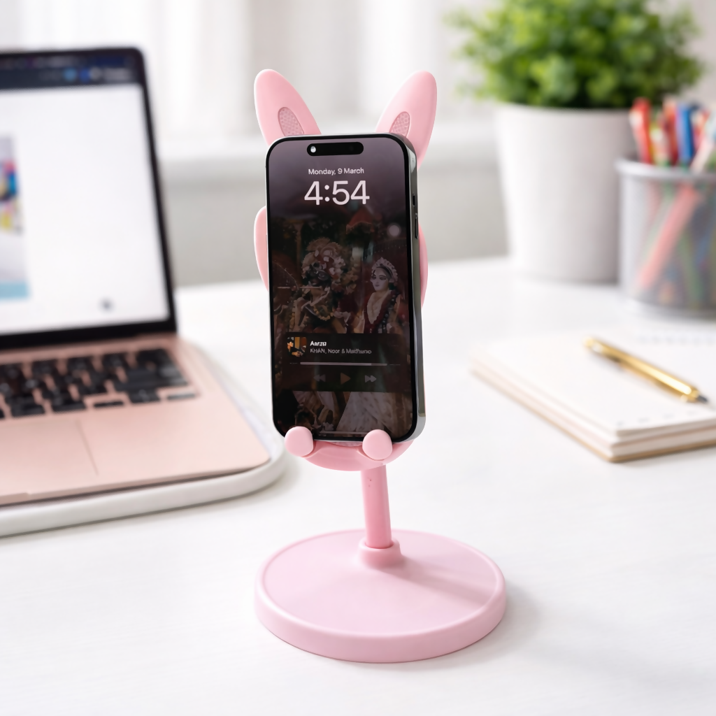 ALVENZA Adjustable Pink Bunny Ear Phone Stand – Cute & Stable Desk Accessory