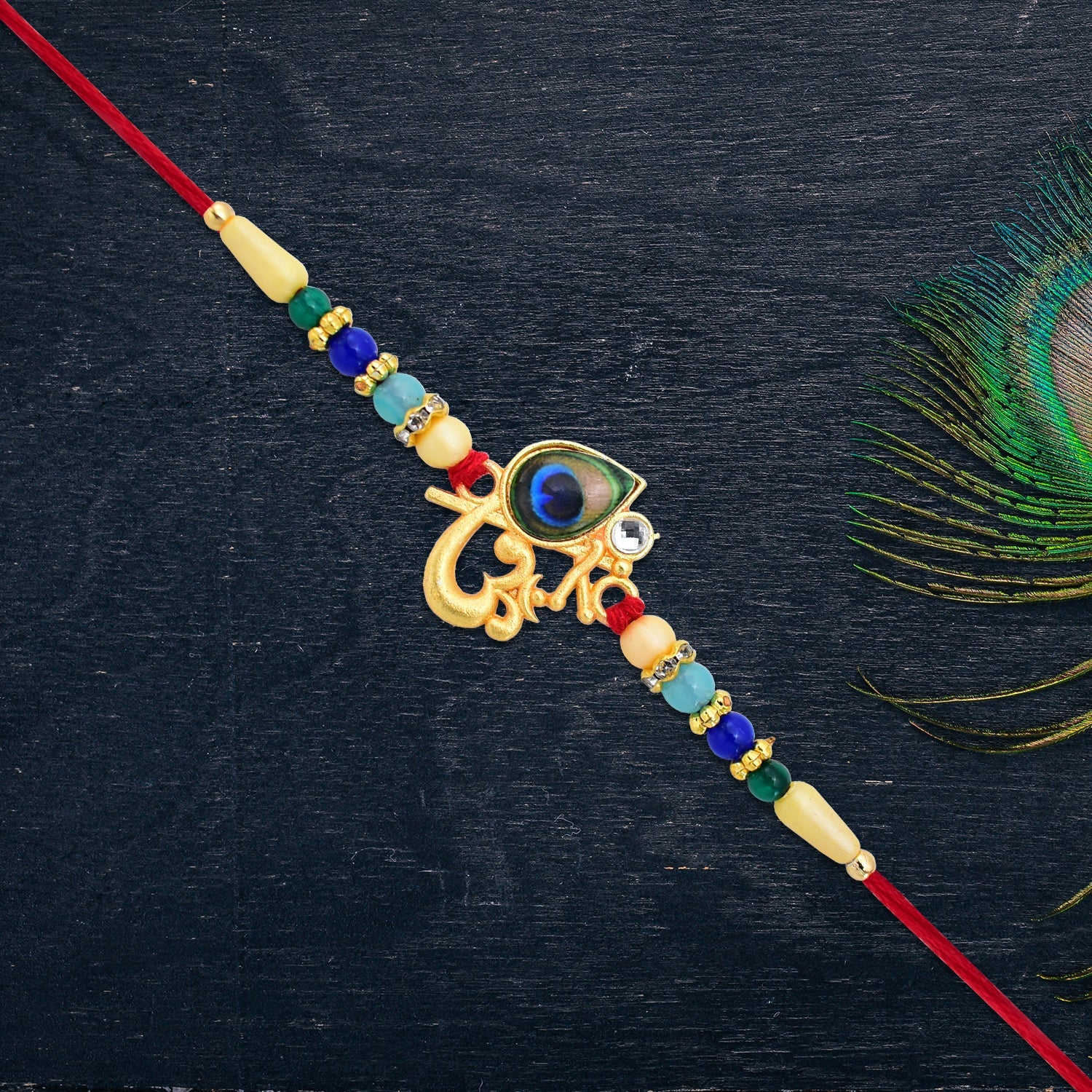 ALVENZA Peacock Rakhi – Divine Govind with Multicolor Beads for Raksha Bandhan